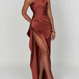 One-Shoulder Satin Maxi Dress with High Slit