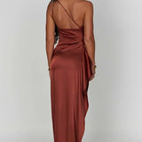 One-Shoulder Satin Maxi Dress with High Slit