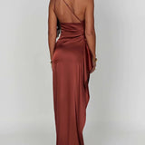 One-Shoulder Satin Maxi Dress with High Slit