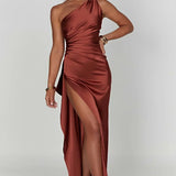 One-Shoulder Satin Maxi Dress with High Slit