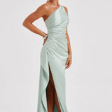 One-Shoulder Satin Maxi Dress with High Slit