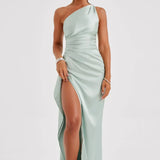 One-Shoulder Satin Maxi Dress with High Slit