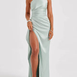 One-Shoulder Satin Maxi Dress with High Slit