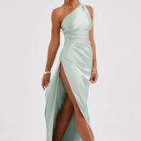 One-Shoulder Satin Maxi Dress with High Slit