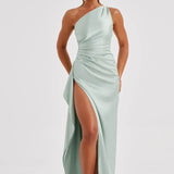One-Shoulder Satin Maxi Dress with High Slit