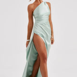 One-Shoulder Satin Maxi Dress with High Slit