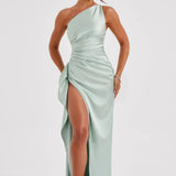 One-Shoulder Satin Maxi Dress with High Slit