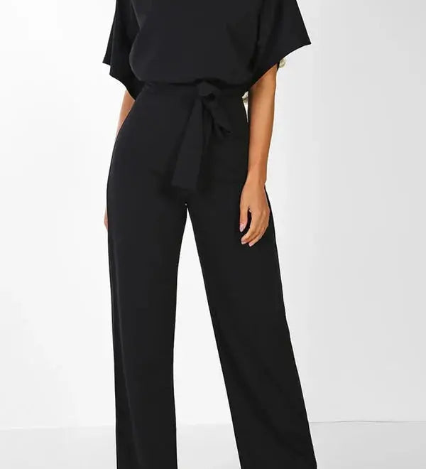 Wide-Leg Belted Short Sleeve Jumpsuit