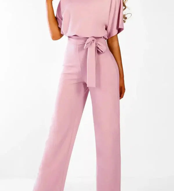 Wide-Leg Belted Short Sleeve Jumpsuit