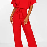 Wide-Leg Belted Short Sleeve Jumpsuit