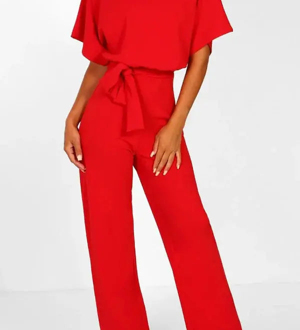 Wide-Leg Belted Short Sleeve Jumpsuit