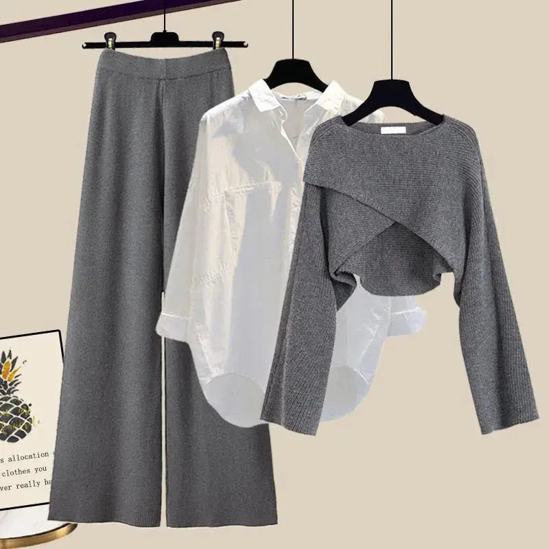 Three-Piece Layered Knit and Shirt Wide-Leg Trouser Set