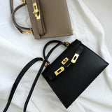 Structured Top Handle Leather Handbag with Gold Lock