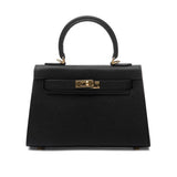 Structured Top Handle Leather Handbag with Gold Lock