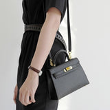 Structured Top Handle Leather Handbag with Gold Lock