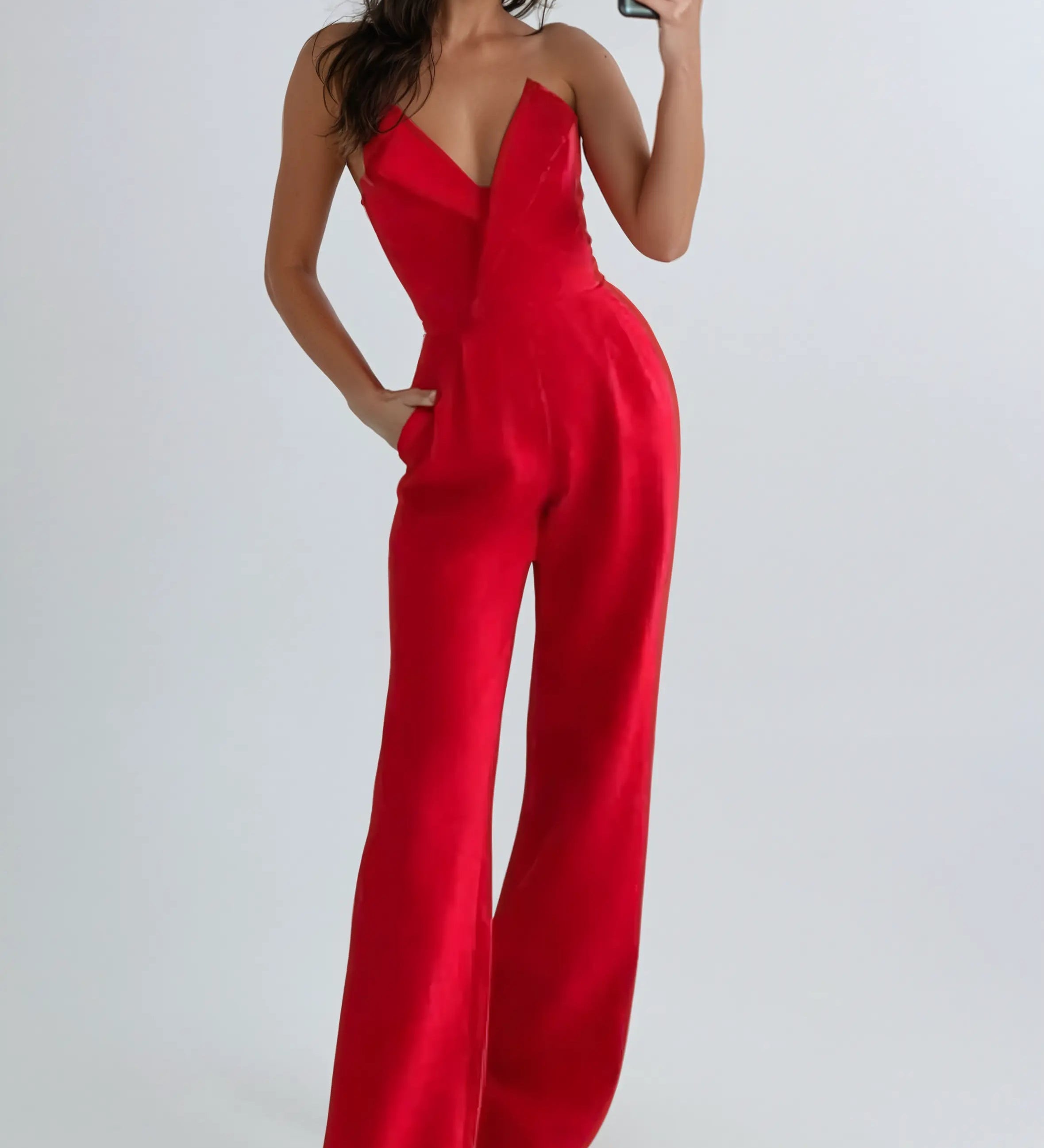Strapless Pleated Wide-Leg Jumpsuit
