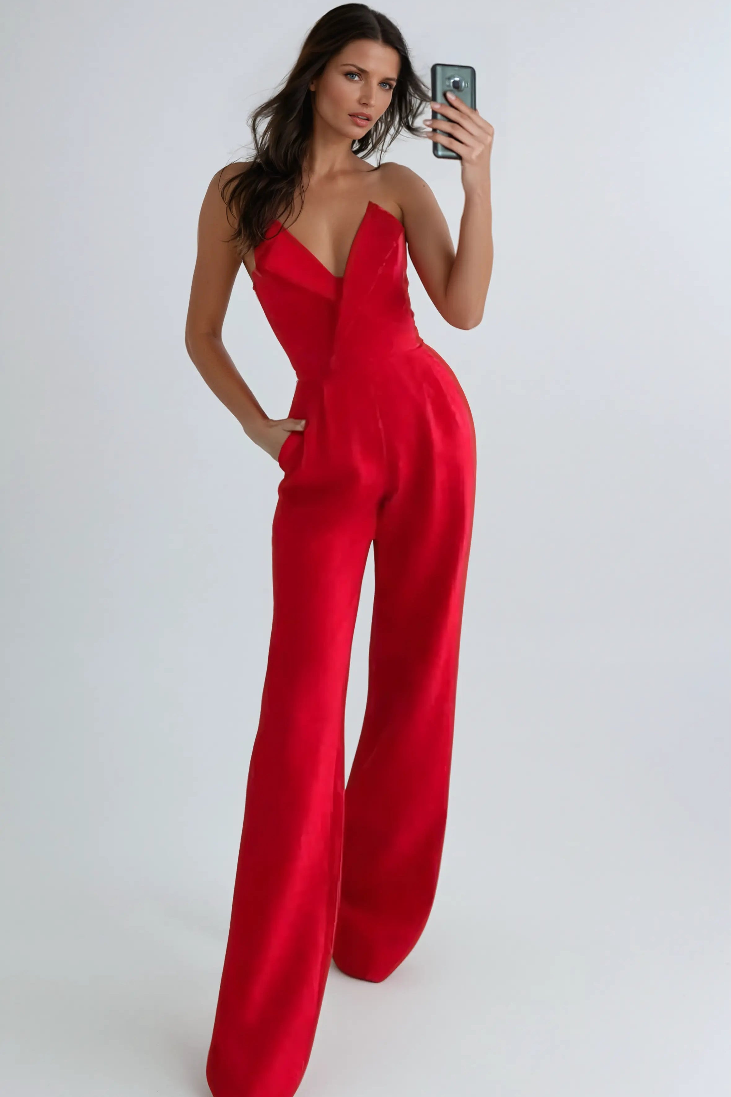 Strapless Pleated Wide-Leg Jumpsuit