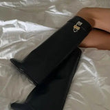 Sculptural Black Wedge Knee-High Boots in Glossy Finish