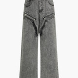 Grey Washed Wide-Leg Jeans with Statement Pocket Detailing