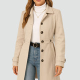 Women's Trench Coat - Single-Breasted Mid-Length Belted Lightweight Overcoat