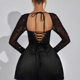 Satin Mini Dress with Embellished Long Sleeves and Square Neckline