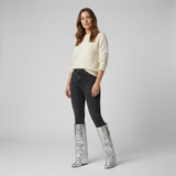 Sculptural Black Wedge Knee-High Boots in Glossy Finish