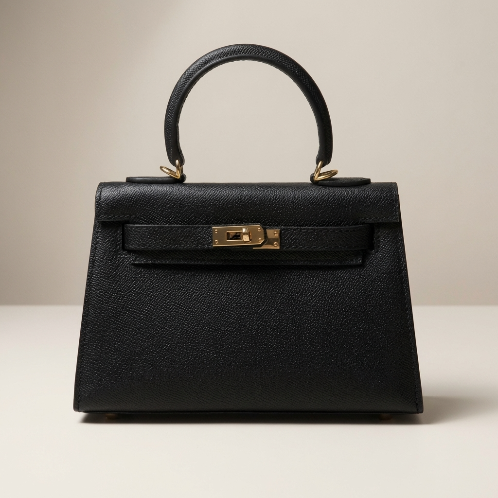 Structured Top Handle Leather Handbag with Gold Lock