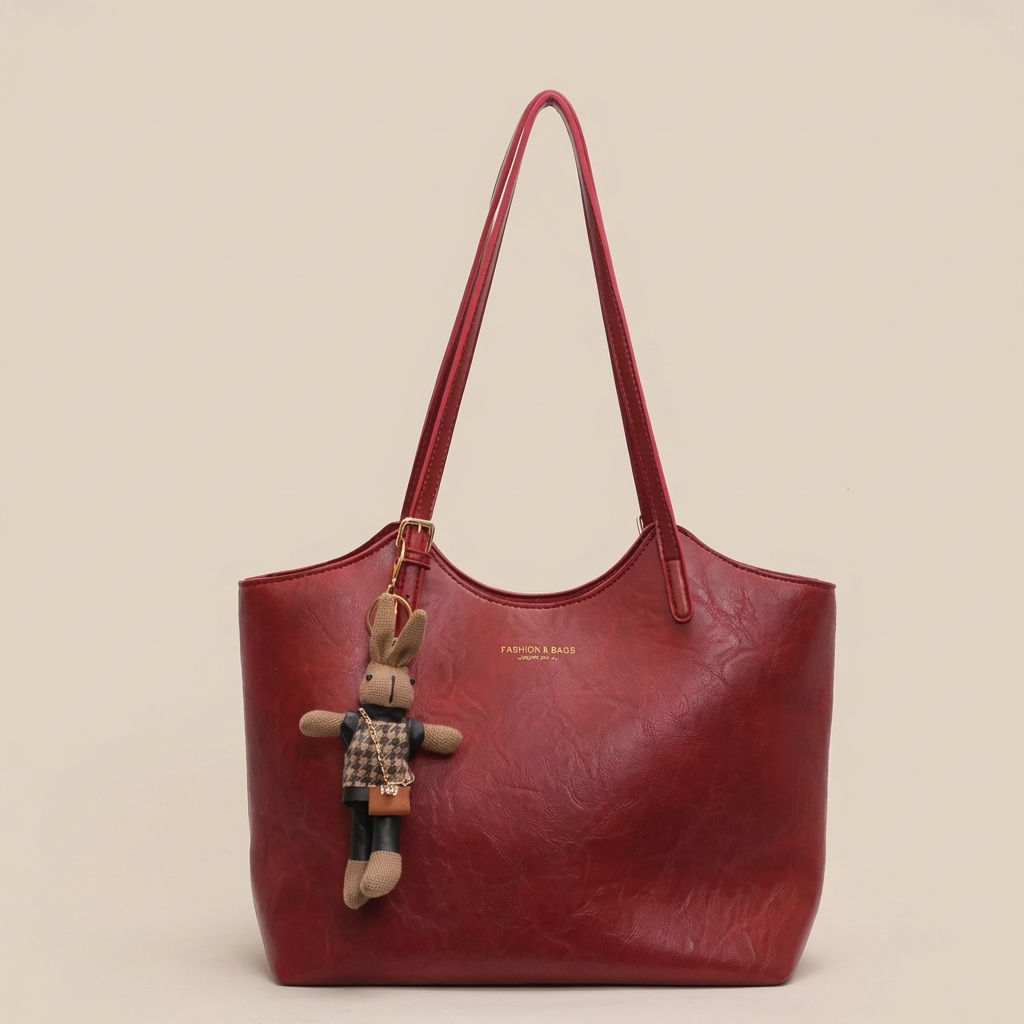 Soft Vegan Leather Tote Bag with Shoulder Straps and Plush Charm