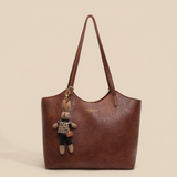Soft Vegan Leather Tote Bag with Shoulder Straps and Plush Charm