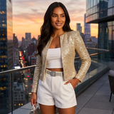 Women's Sequin Jacket - Cropped Open-Front Glitter Blazer for Evening & Party