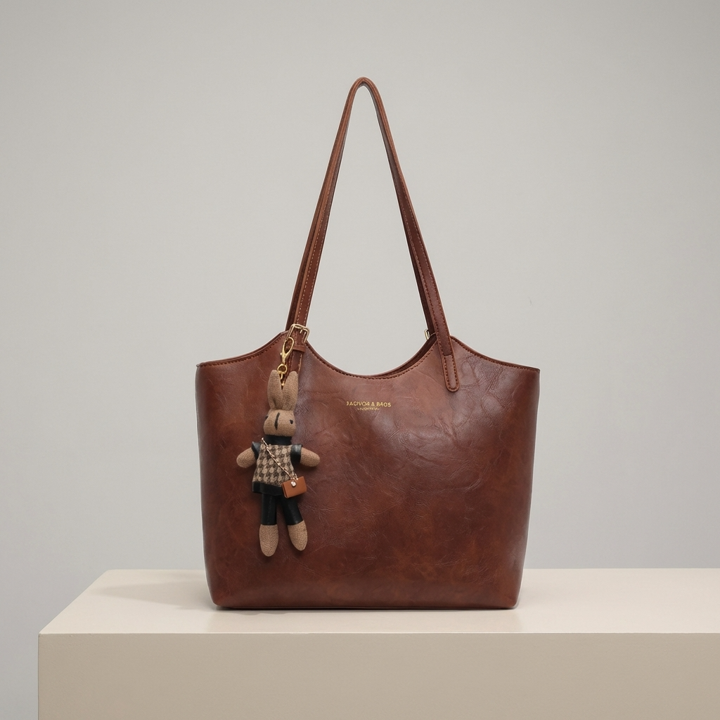 Soft Vegan Leather Tote Bag with Shoulder Straps and Plush Charm