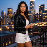 Women's Sequin Jacket - Cropped Open-Front Glitter Blazer for Evening & Party