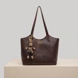 Soft Vegan Leather Tote Bag with Shoulder Straps and Plush Charm