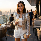 Women's Sequin Jacket - Cropped Open-Front Glitter Blazer for Evening & Party