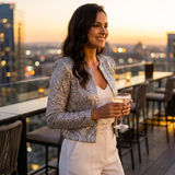 Women's Sequin Jacket - Cropped Open-Front Glitter Blazer for Evening & Party
