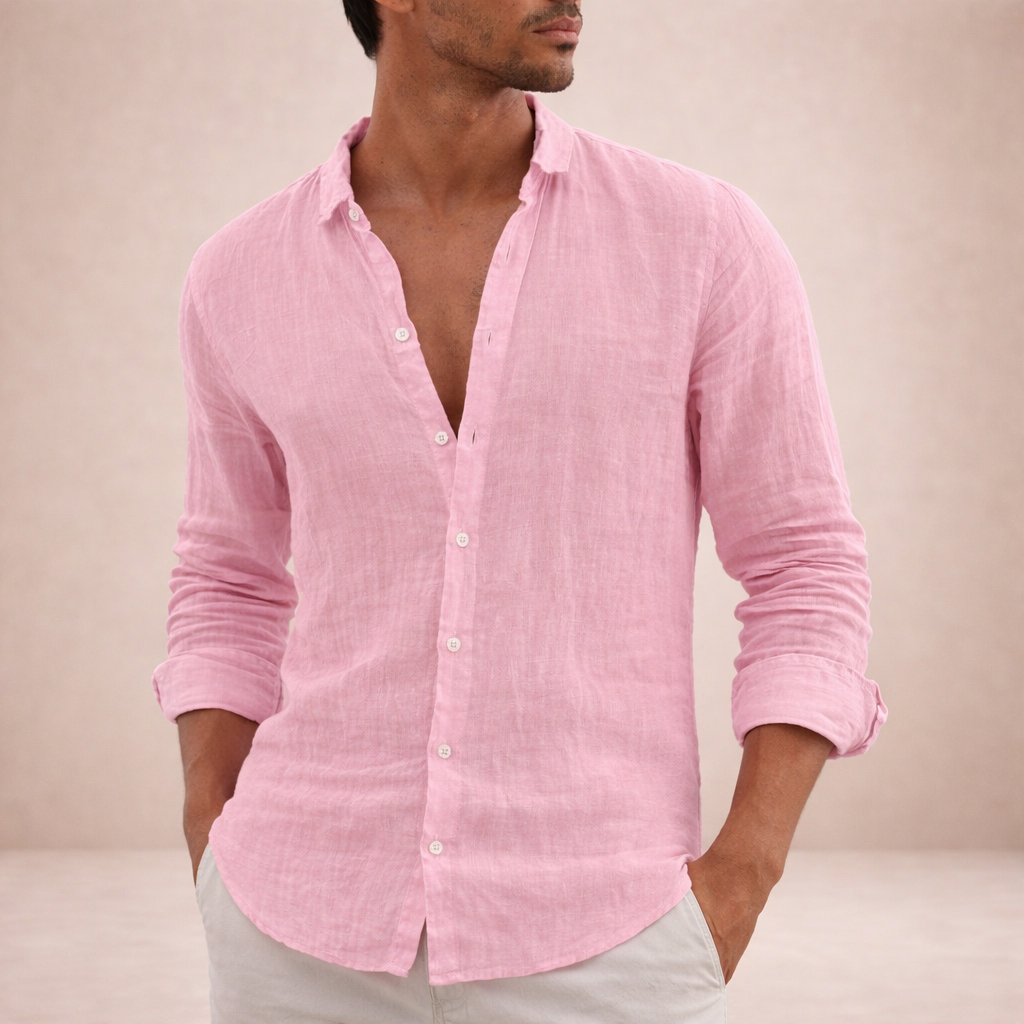 Orizelle | Men's Linen Shirt Long Sleeve Regular Fit - Open Collar Lightweight Casual Summer