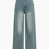 High-Waisted Wide-Leg Jeans for Women – Faded Vintage Wash with Curved Stitching