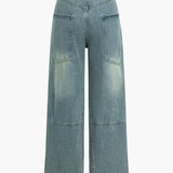 High-Waisted Wide-Leg Jeans for Women – Faded Vintage Wash with Curved Stitching