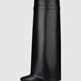 Sculptural Black Wedge Knee-High Boots in Glossy Finish