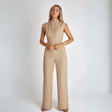 Structured High-Waisted Sleeveless Jumpsuit in Beige
