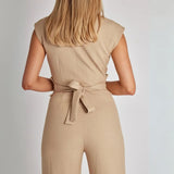 Structured High-Waisted Sleeveless Jumpsuit in Beige