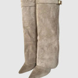 Sculptural Knee-High Wedge Boots in Faux Suede with Buckle Detail