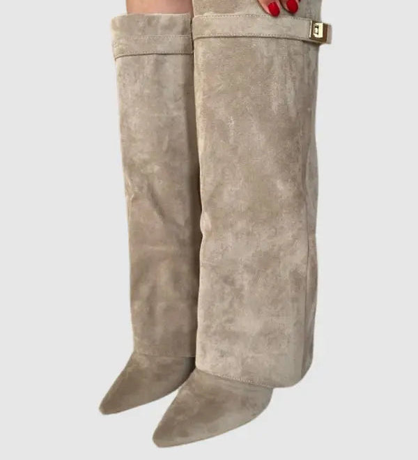 Sculptural Knee-High Wedge Boots in Faux Suede with Buckle Detail