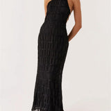 Halter Neck Maxi Dress with Pleated Texture and Open Back