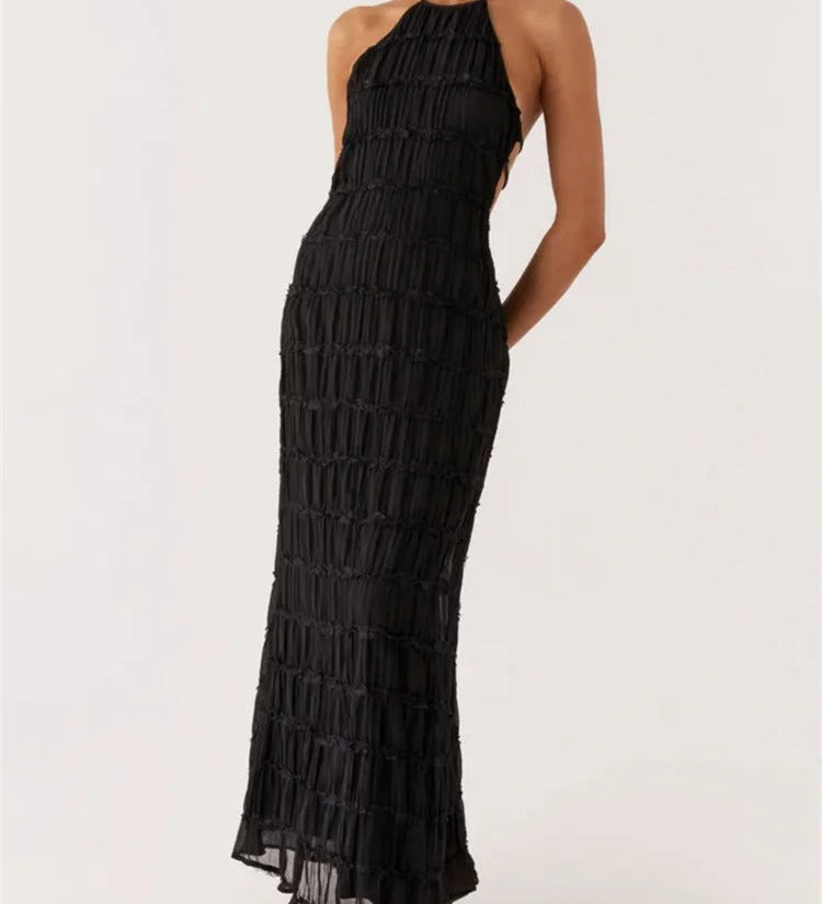 Halter Neck Maxi Dress with Pleated Texture and Open Back