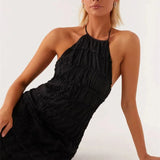 Halter Neck Maxi Dress with Pleated Texture and Open Back