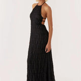 Halter Neck Maxi Dress with Pleated Texture and Open Back