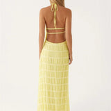 Halter Neck Maxi Dress with Pleated Texture and Open Back