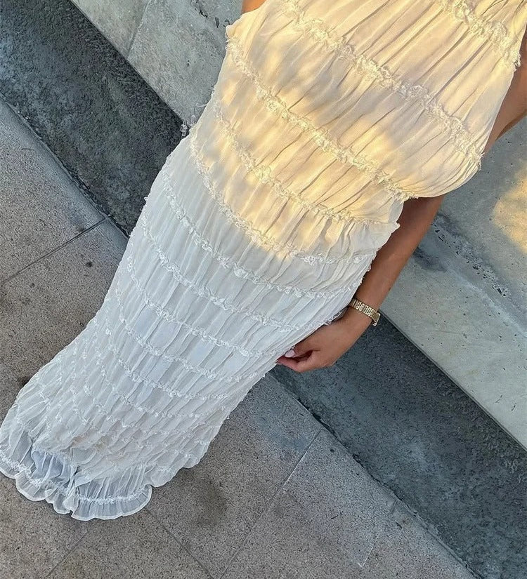 Halter Neck Maxi Dress with Pleated Texture and Open Back