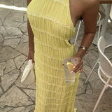 Halter Neck Maxi Dress with Pleated Texture and Open Back